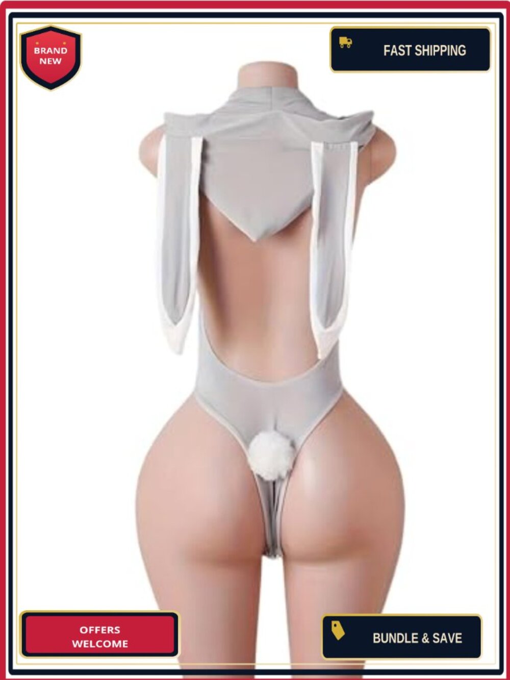 Backless Bunny Lingerie Bodysuit with Lace Trim, One-Piece Costume Set
